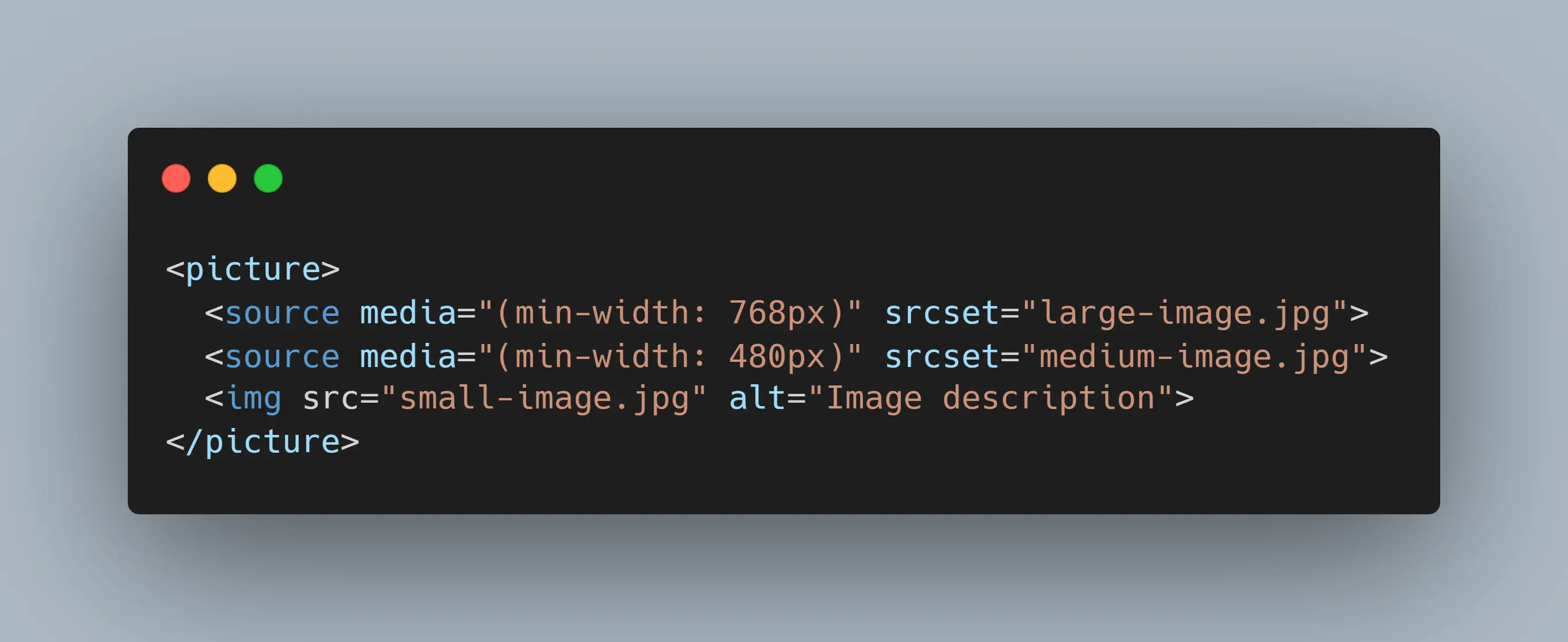 HTML code snippet of the <picture> element with nested <source> elements which demonstrates SEO best practices for responsive images: