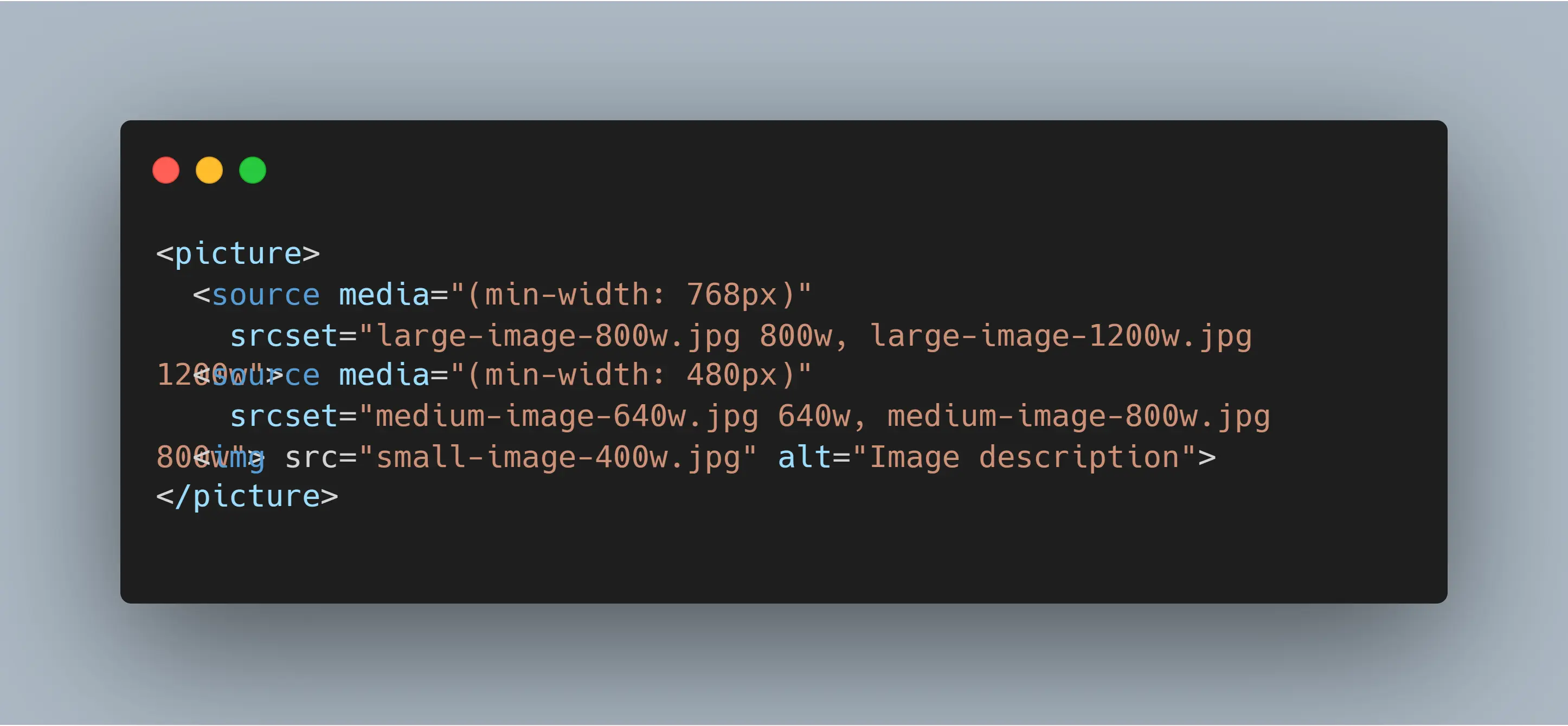 HTML code snippet of the <picture> element, which includes multiple <source> elements for different screen sizes and a fallback <img> element to demonstrate SEO best practices.