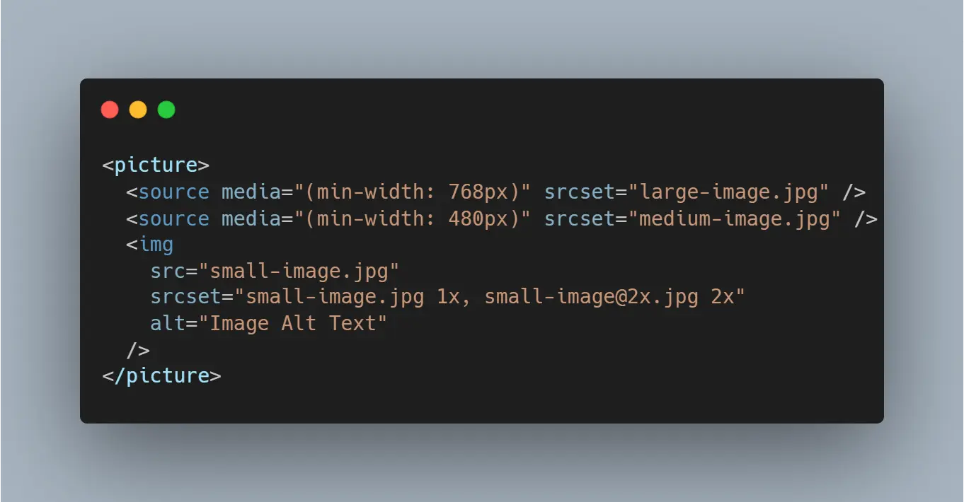 HTML code snippet of the <picture> element, which includes multiple <source> elements for different screen sizes and a fallback <img> element to demonstrate SEO best practices.